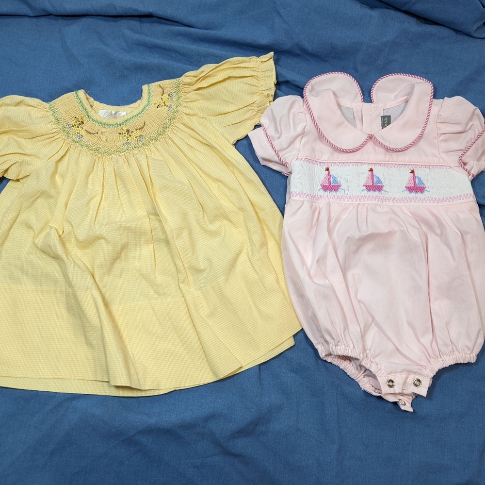 2 Smocked Outfits | Dress and One-Piece | Les Petits Soleils & Rosalina | 6M